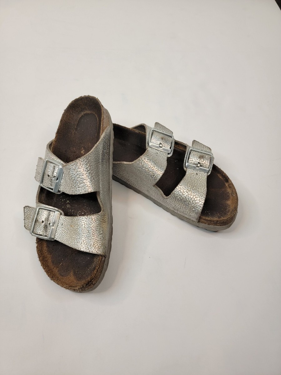 Birkenstock Sz 38 Arizona Sandal Double Bucked Silver Textured