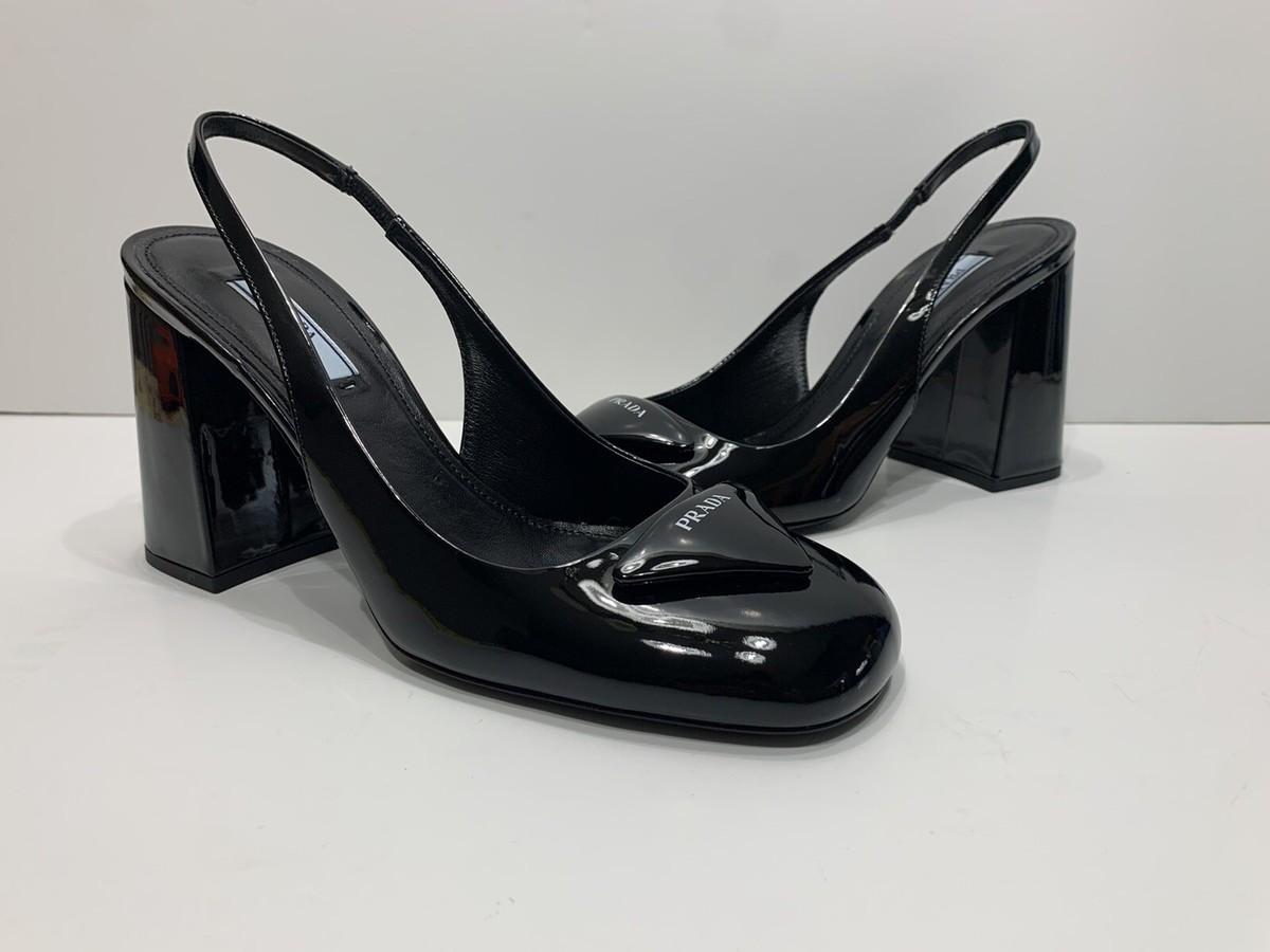 Prada Vernice Patent Leather Slingback Pumps in Black Size 37 1/2