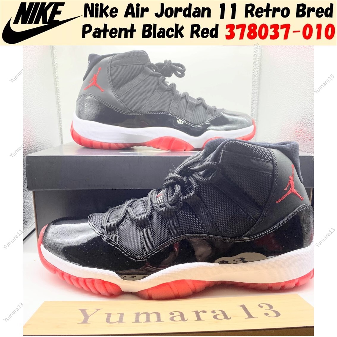 Nike Air Jordan 11 Retro Bred Patent Black Red 378037-010 Men's