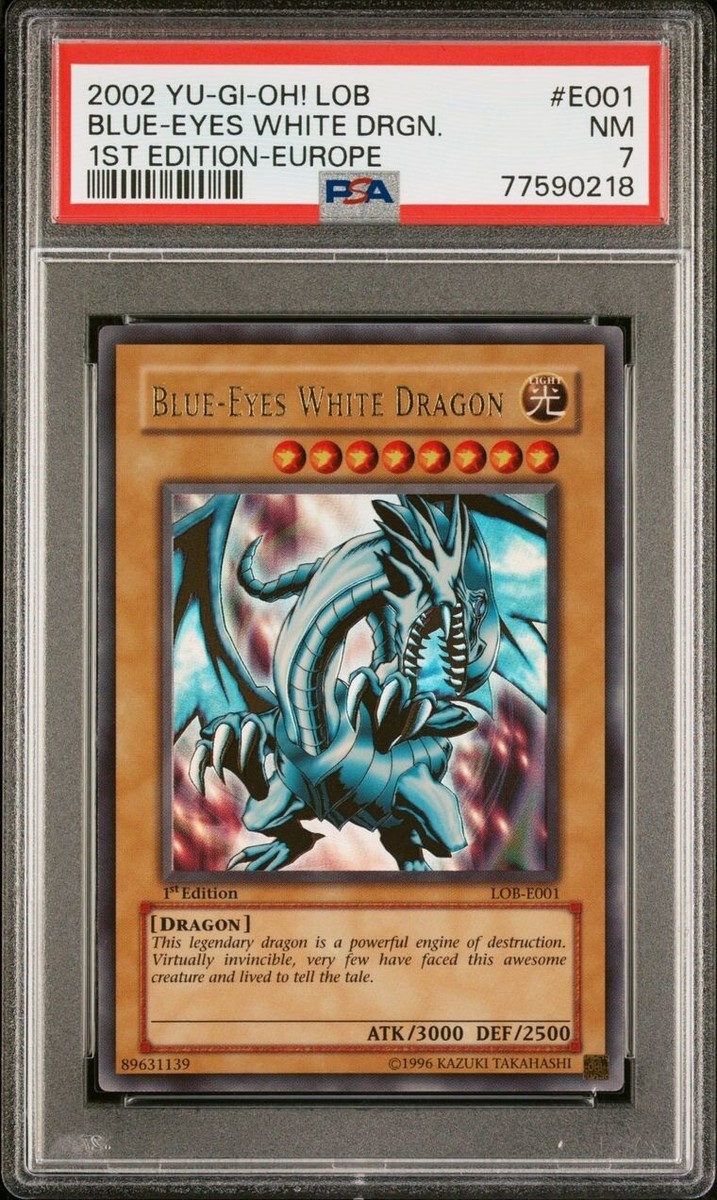 Yugioh 2002 Blue-Eyes White Dragon LOB-E001 1st Edition Europe PSA