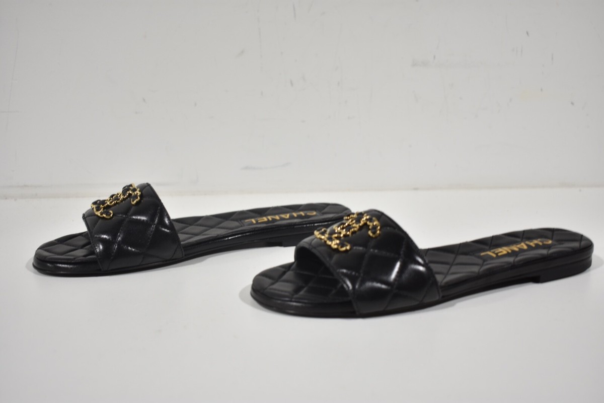 Chanel 23P Black Chain Gold CC Logo Quilted Mules Slide Sandal