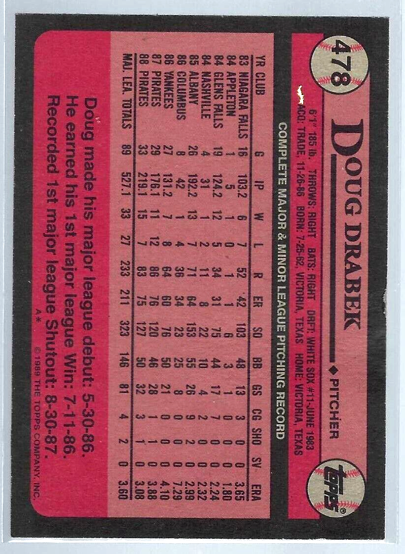 1989 Topps #478 - Doug Drabek - Pittsburgh Pirates Baseball Card