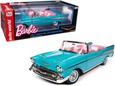 AUTOWORLD 1957 CHEVROLET BEL AIR CONVERTIBLE 1/18 BARBIE AQUA BLUE