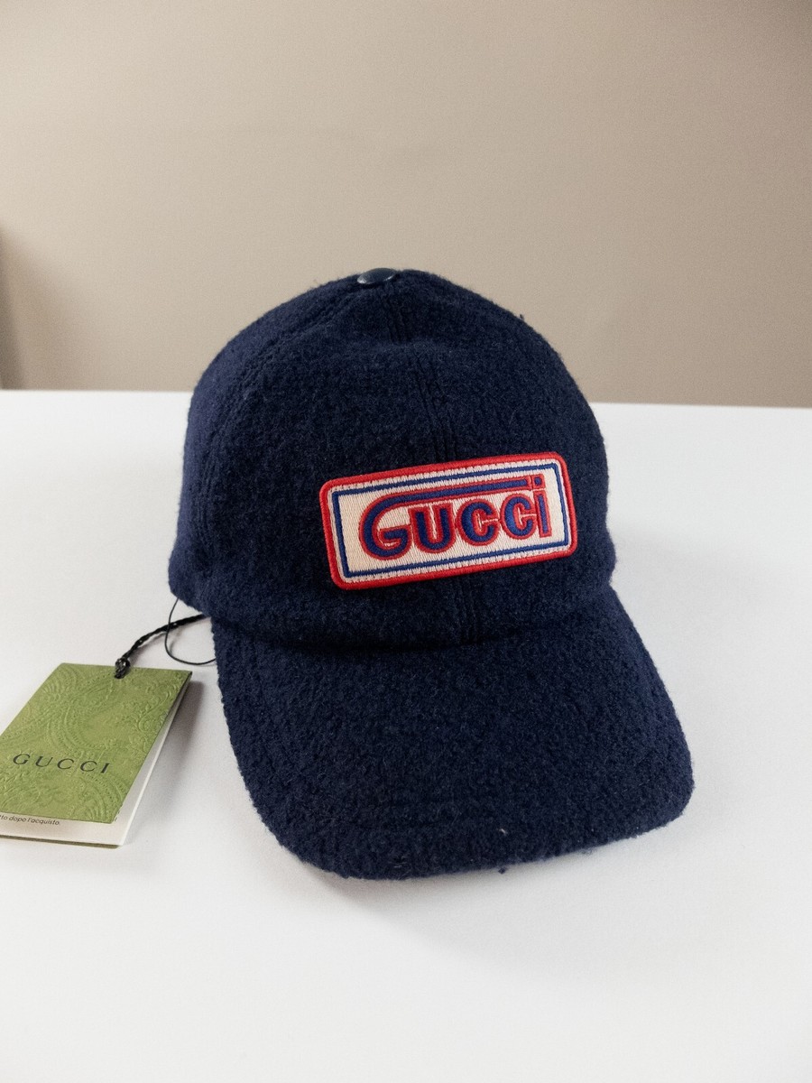 NO CUSTOMS TAX) GUCCI navy blue logo patch felted wool baseball