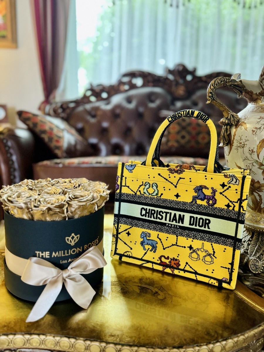 RARE Christian Dior Zodiac Pixel Tote Yellow Canvas Book Handbag