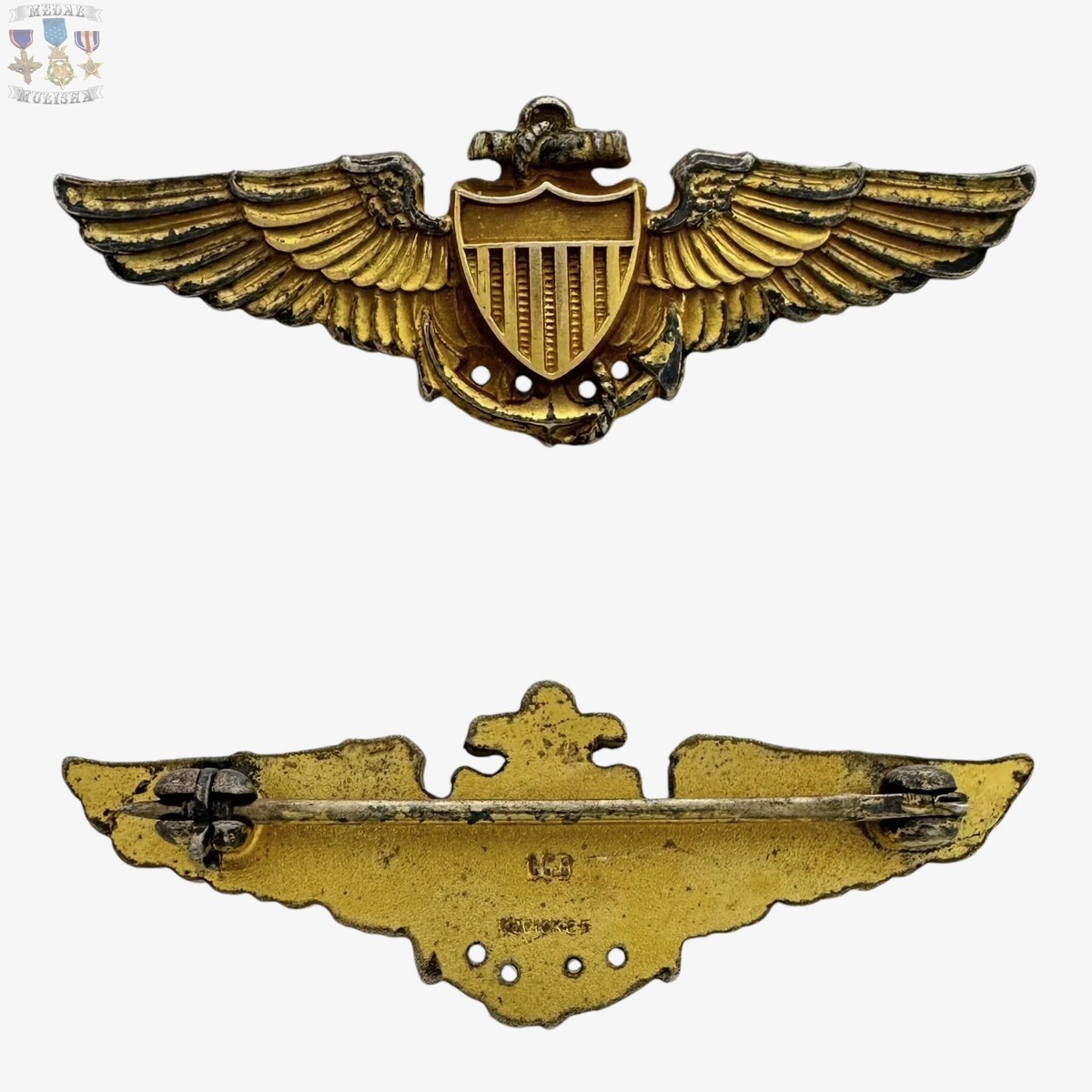 1/20 10K GOLD WW2 NAVY AVIATOR WINGS 1-3/8” SIZE GARRISON CAP