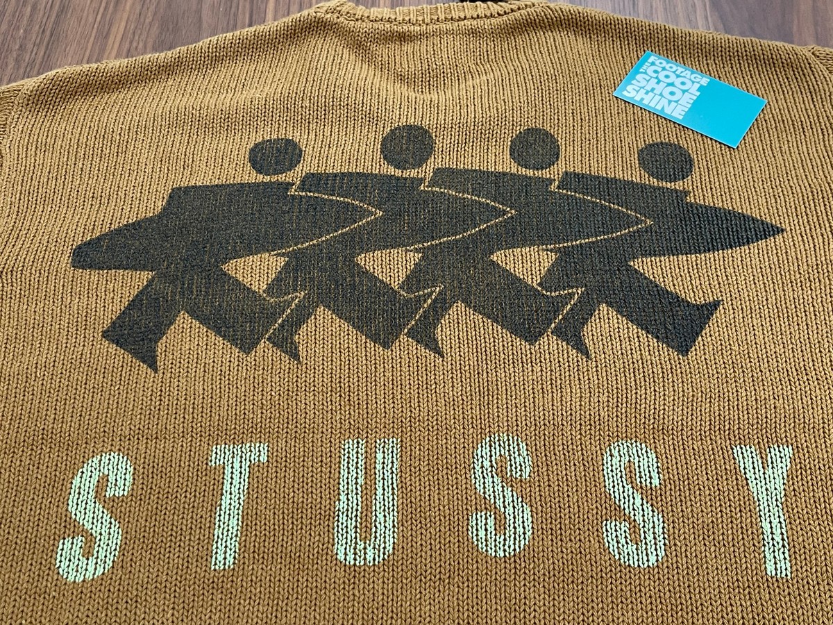 STUSSY SURFMAN ICON COTTON LINEN CREWNECK WOVEN KNIT SWEATER BROWN