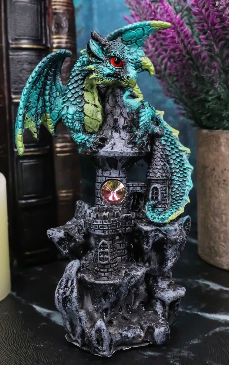 Green Earth Dragon Perching On Castle Tower Top Statue With
