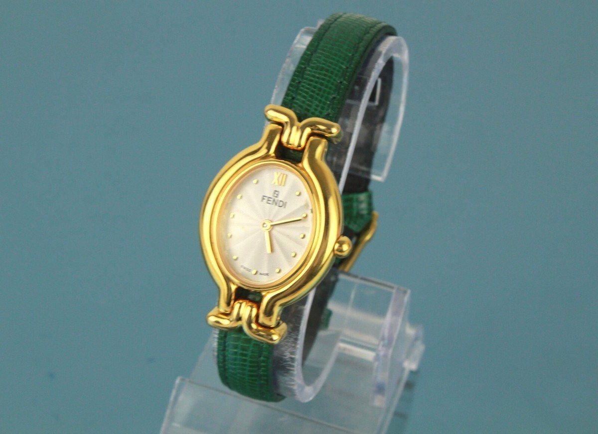 FENDI Olorogi 640L Watch Gold Plate Leather Green Red Quartz