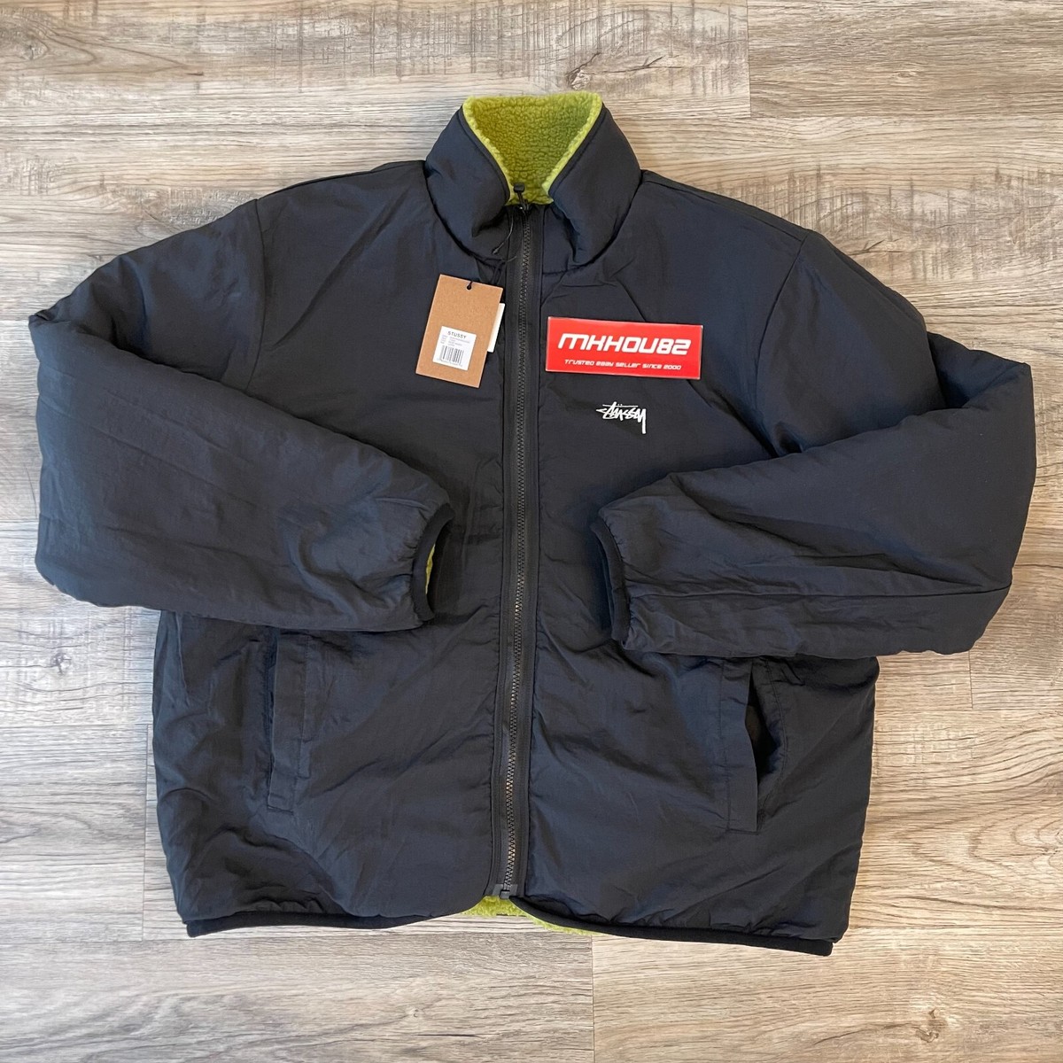 New Stussy Sherpa Reversible Jacket Fleece Zip Up Moss Green Black