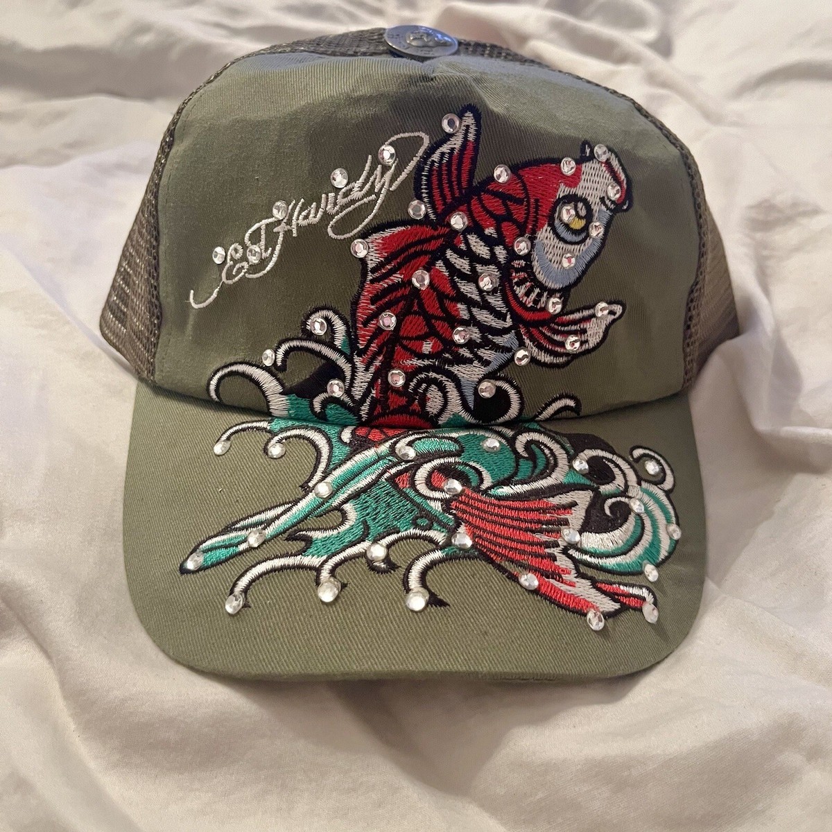 Ed Hardy Green Trucker Hat Tags 2000s Rhinestone SnapBack Y2K Cap