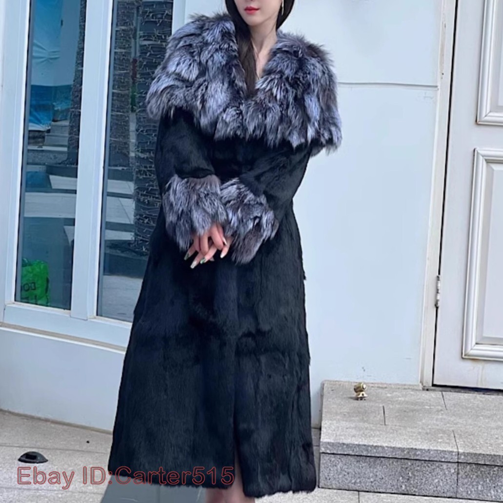 Women Real Natural Rabbit Fur Coat with Big Fur Collar Jacket Warm