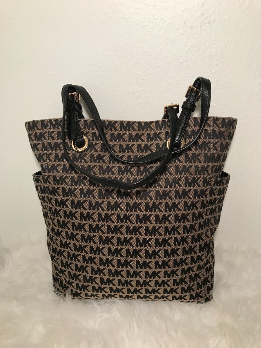Michael Kors Large Black And Beige MK Logo Canvas Tot Shoulder Bag