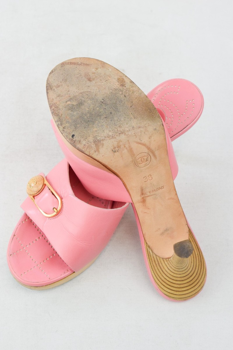 CHANEL Leather Open Toe Mules Heels 38 7 Pink Buckle CC Logo 2004