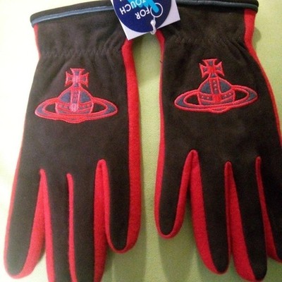 Vivienne Westwood Gloves Red Brown Fabric Sheep Leather Trim 21cm
