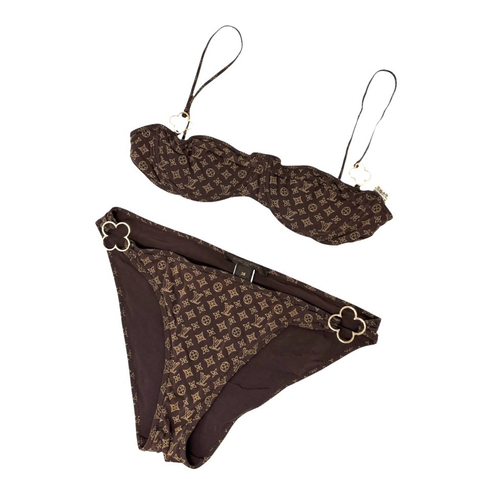 LOUIS VUITTON Vintage Monogram Bikini Swimwear #38 Brown Gold