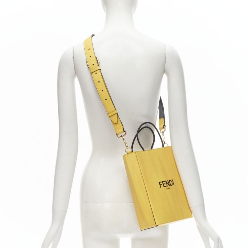 FENDI Pack Small Shopping yellow leather logo print crossbody tote