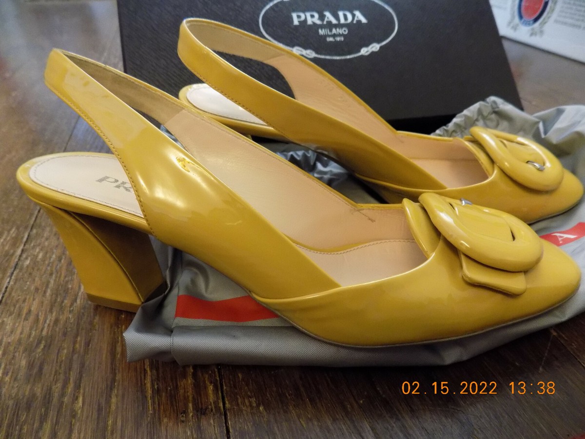 Prada Milano 36.5 FABULOUS Mustard Yellow Buckle Accent Sling Back
