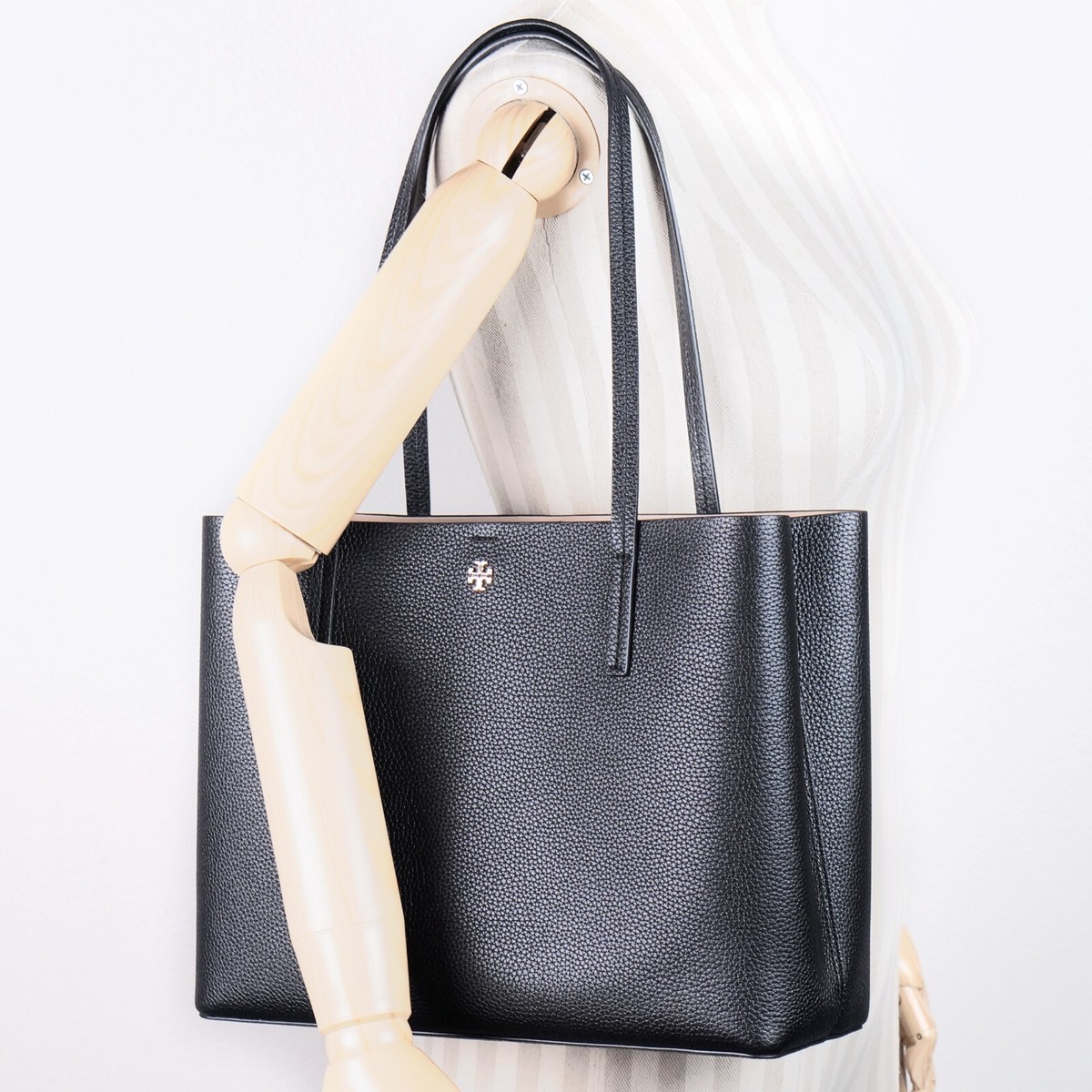 New Tory Burch BLAKE Black Pebbled Leather Medium Center Zip Tote