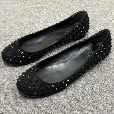 Gucci Shoes Black Suede Crystal Studded Ballet Flats Womens 7 Size