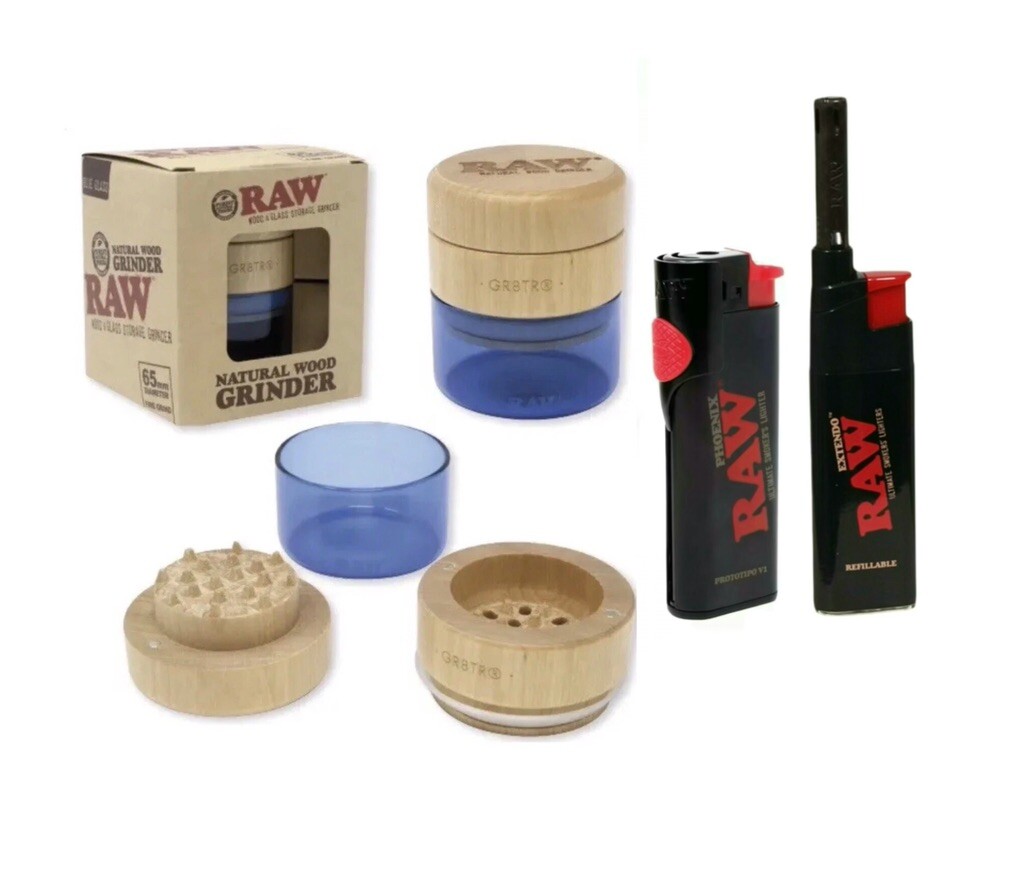 Raw Natural Wood Grinder BLUE Glass 65mm + raw PHOENIX Extendo