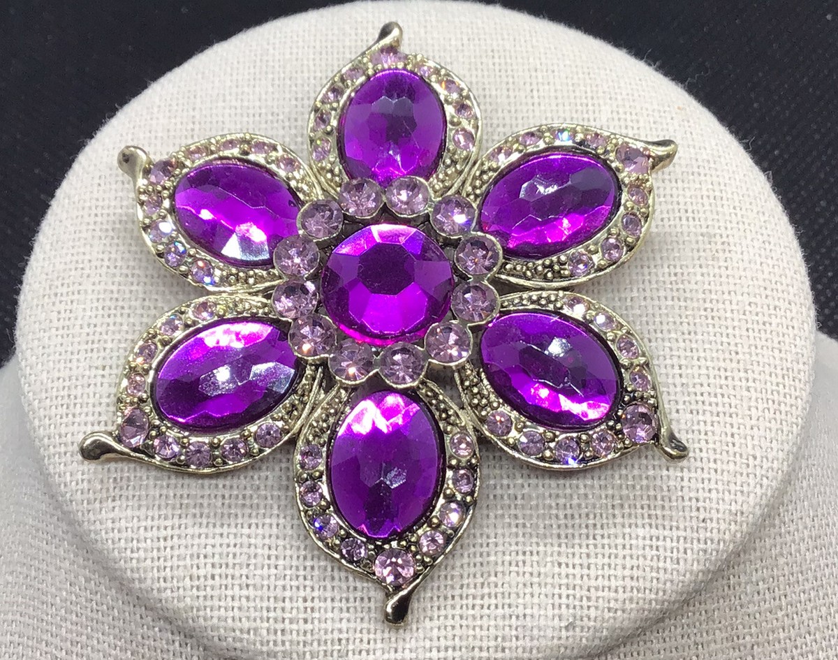 Vintage Silver Tone Costume Purple Rhinestone/Stone Large Floral