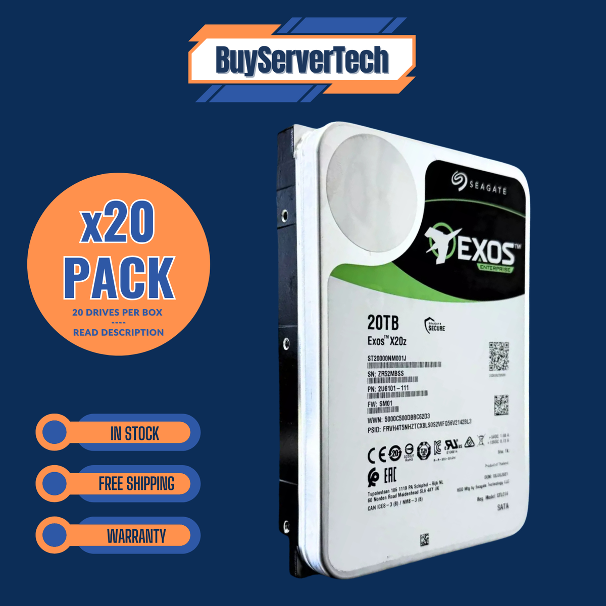 Lot of 20 Seagate Exos X20z 20TB ST20000NM001J 7.2k 3.5