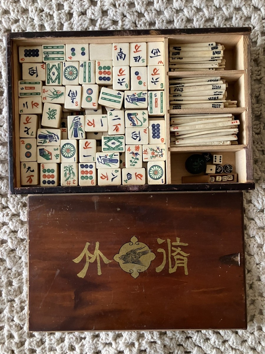 ANTIQUE MAHJONG Set 144 Bone & Bamboo Tiles 100's Game Sticks Lrg