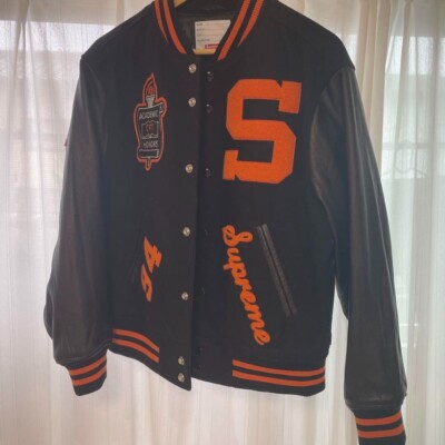 Supreme Team Varsity Jacket Black Leather Sleeve 2019 Black Orange