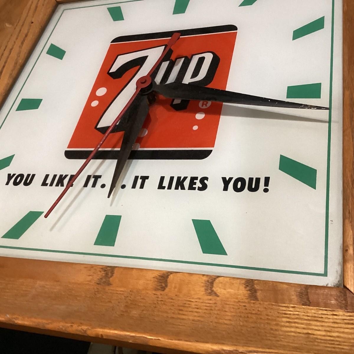 Great Vintage 1960s 7UP Soda Advertising Clock Sign Wood Frame