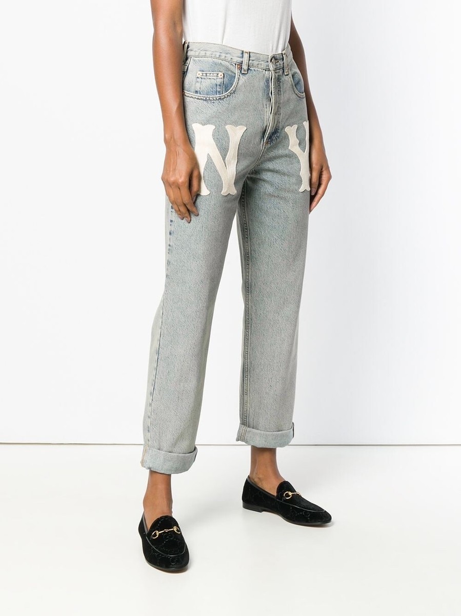 NWT Gucci x NY Yankees Embroidered Light Wash Relaxed Fit Jeans