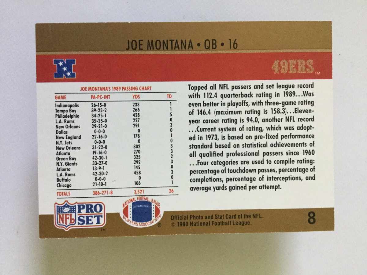 1990 PRO SET JOE MONTANA #8 1989 NFL PASSING LEADER 49ERS FOOTBALL