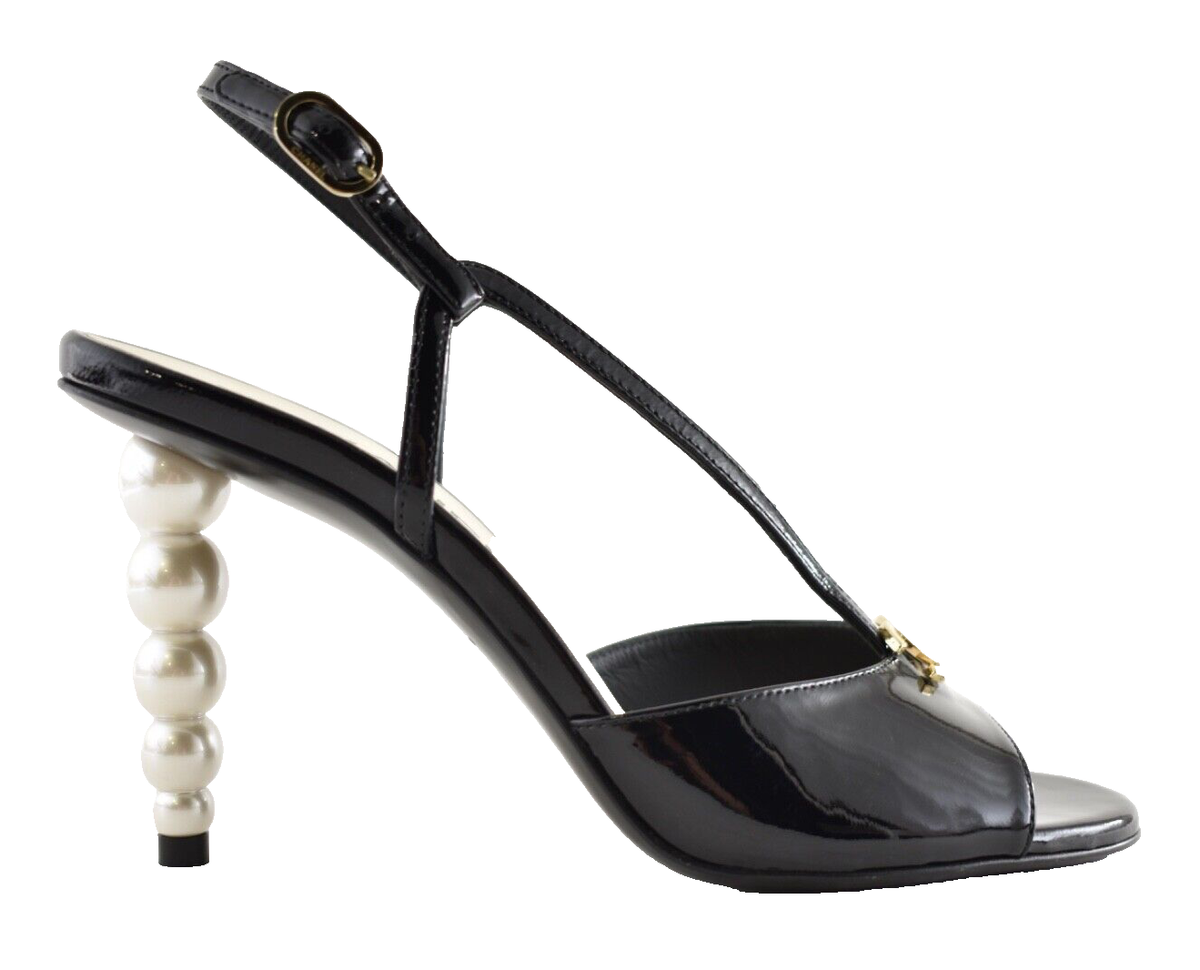 Chanel 23S Black Patent Leather CC Logo Pearl Heel Ankle Strappy