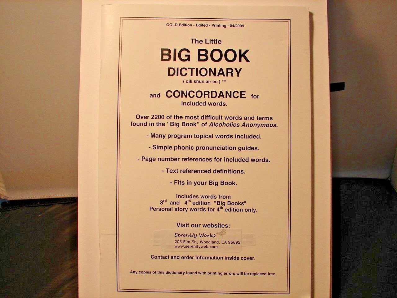 Alcoholics Anonymous AA Big Book Dictionary and Concordance LARGE