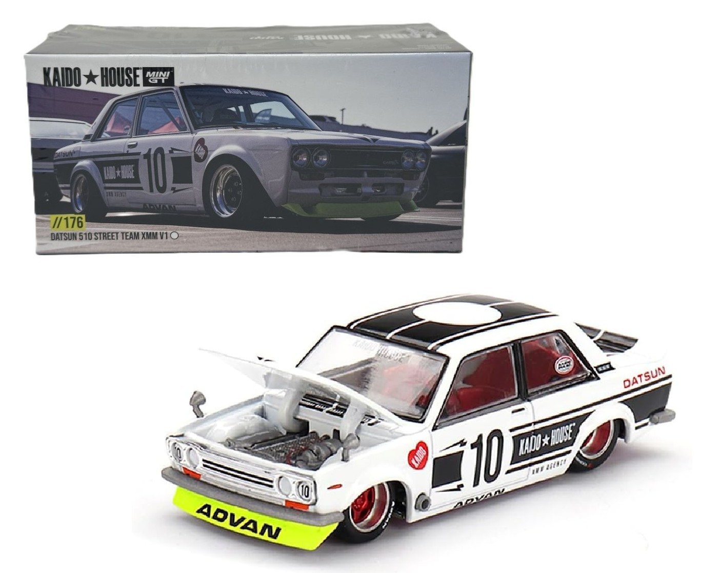 Kaido House x Mini GT 1:64 Datsun 510 Street Team XMM V1 White