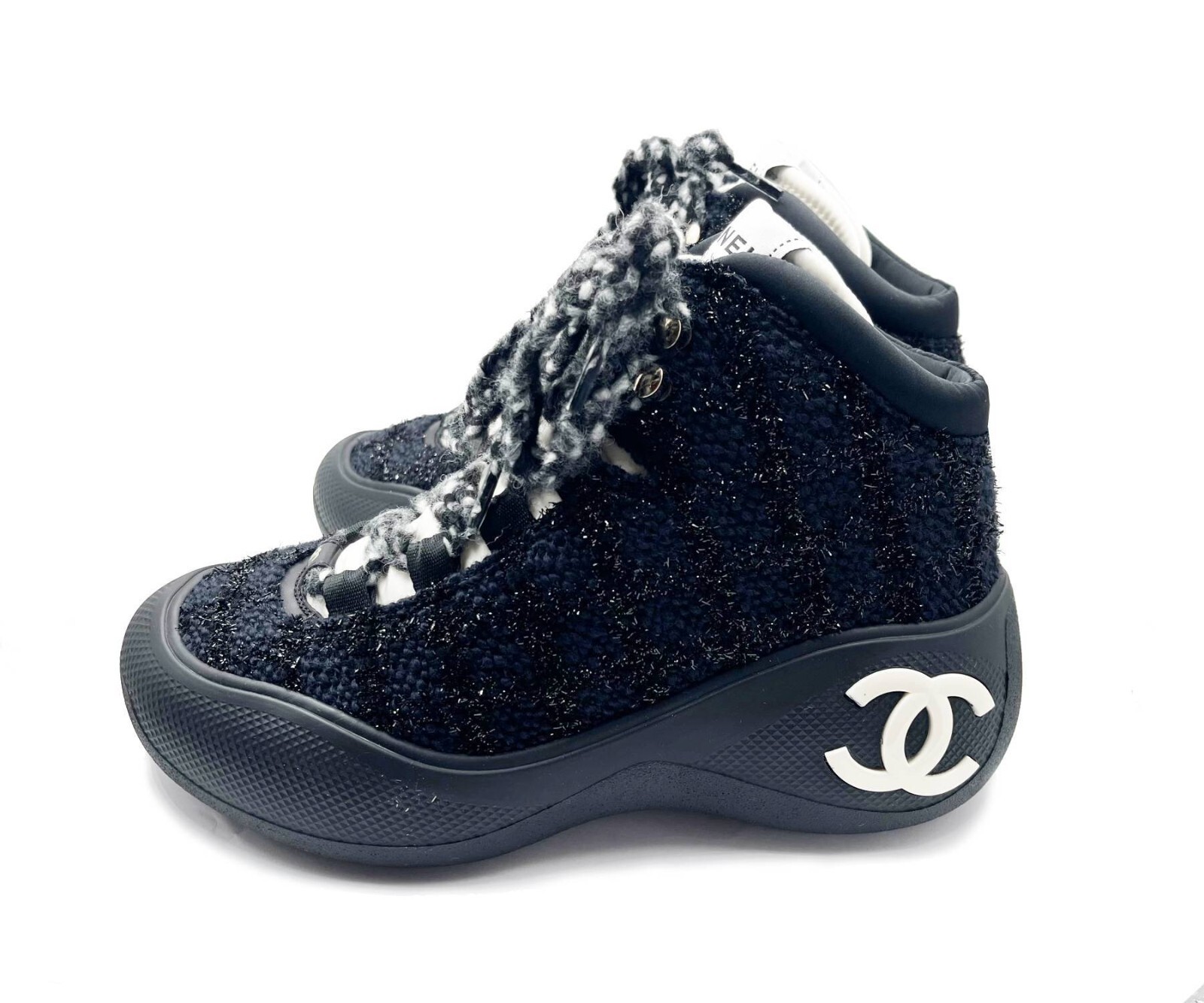 Chanel Brand New White CC Black Tweet Ski Boots with Spikes | eBay