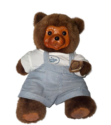 Robert Raikes Brown Teddy Bear W/ Overalls Carved Wood Face Paws