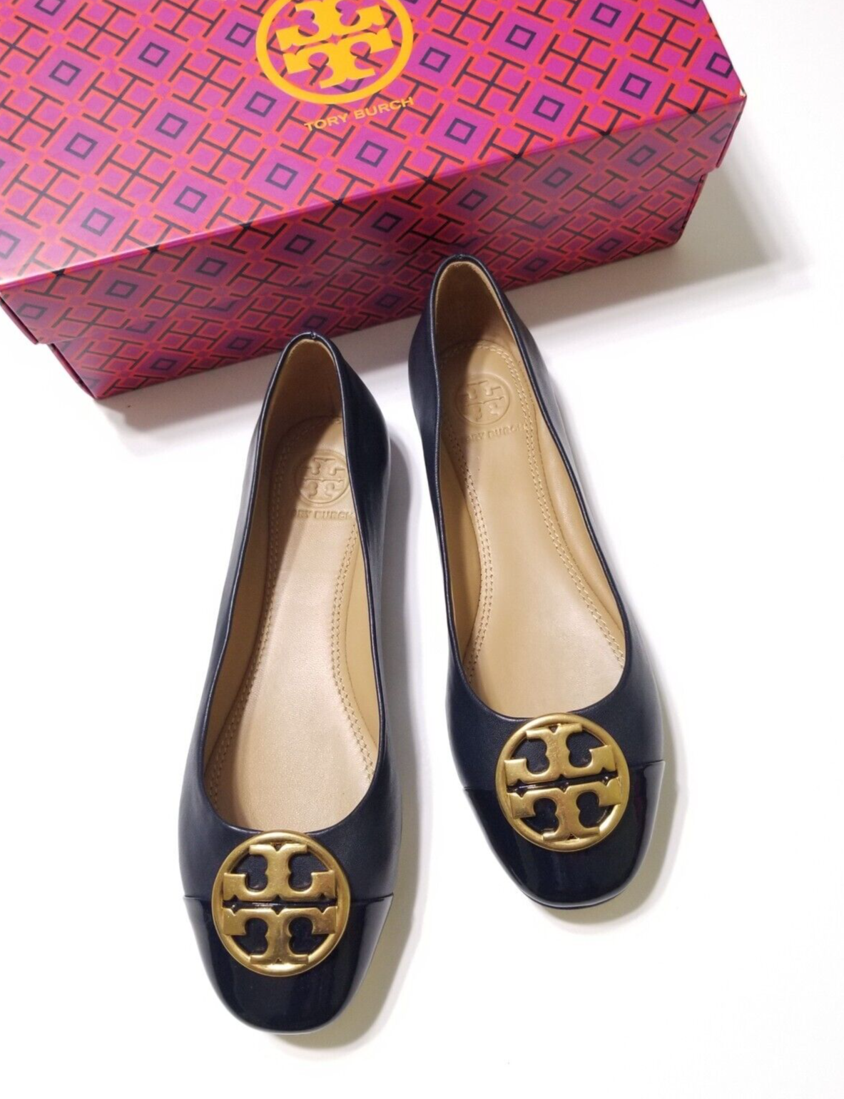 NIB Tory Burch Chelsea Cap-Toe Leather Ballet Flat, Perfect Navy