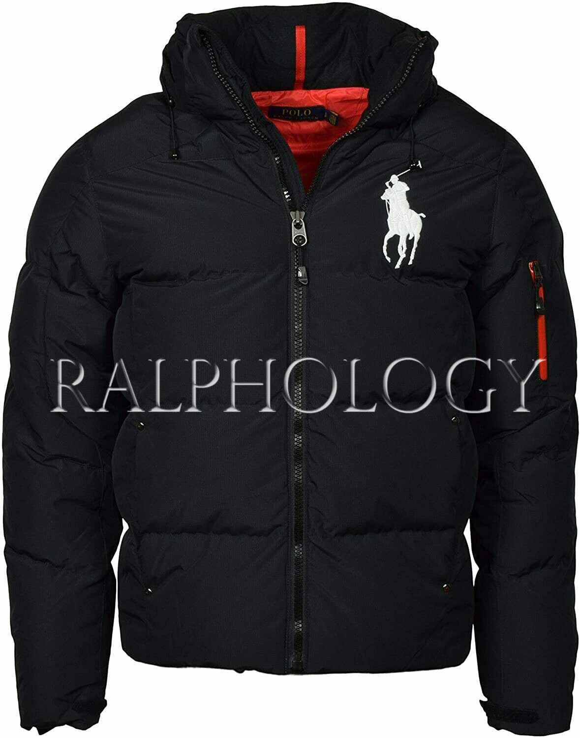 Polo Ralph Lauren Mens Black White Big Pony Hooded Down Puffer