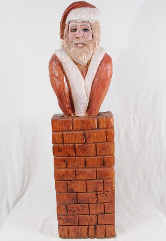 M. Critzer Signed Huge 44” Carved Wood Santa in Chimney Chainsaw