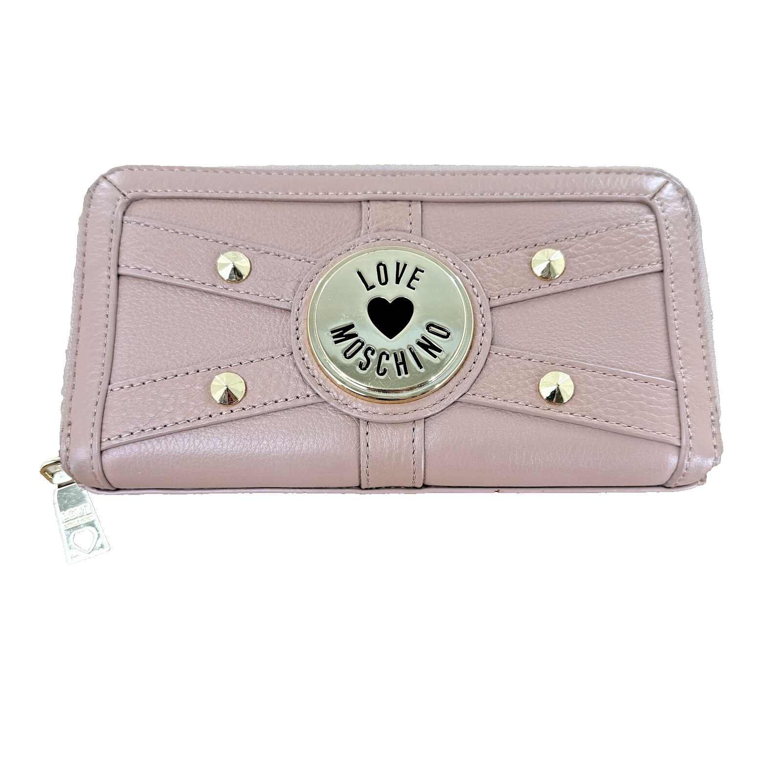 Love Moschino Zip Wallet Clutch Leather Taupe Brass Hardware Heart