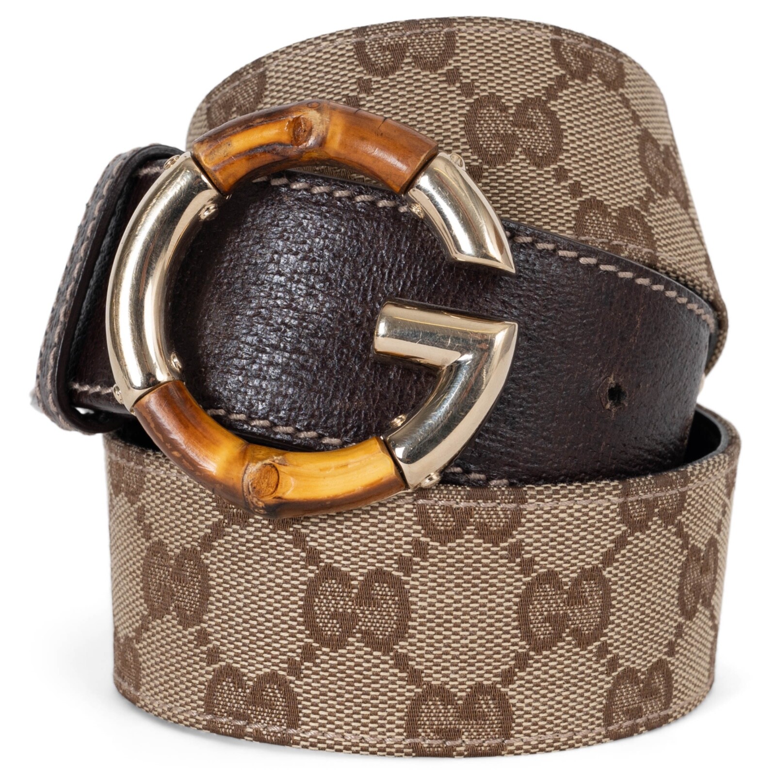 71495 auth GUCCI ebony & beige GG Monogram canvas BAMBOO Belt 85