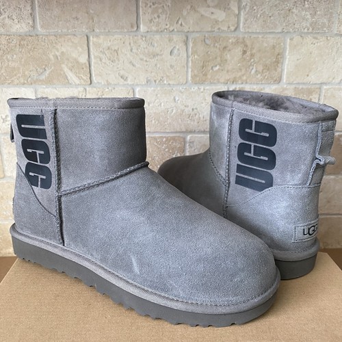 UGG Classic Mini Rubber Logo Grey Gray Suede Sheepskin Ankle Boots