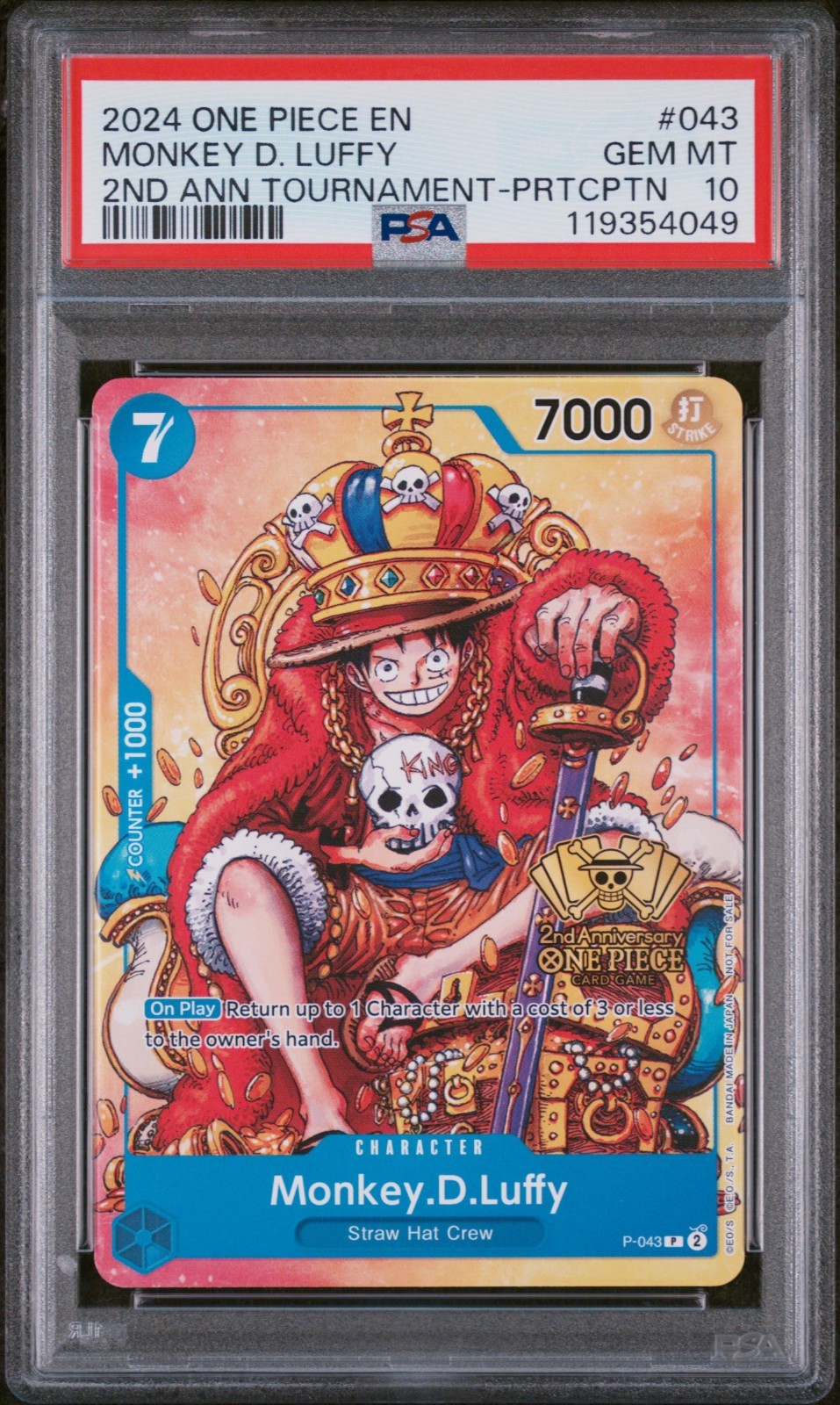 PSA 10 Monkey D. Luffy P-043 2nd Anniversary Tournament Promo One