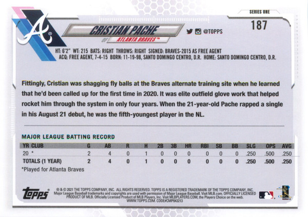 Cristian Pache RC 2021 Topps Series 1 70th Anniversary Rookie Card