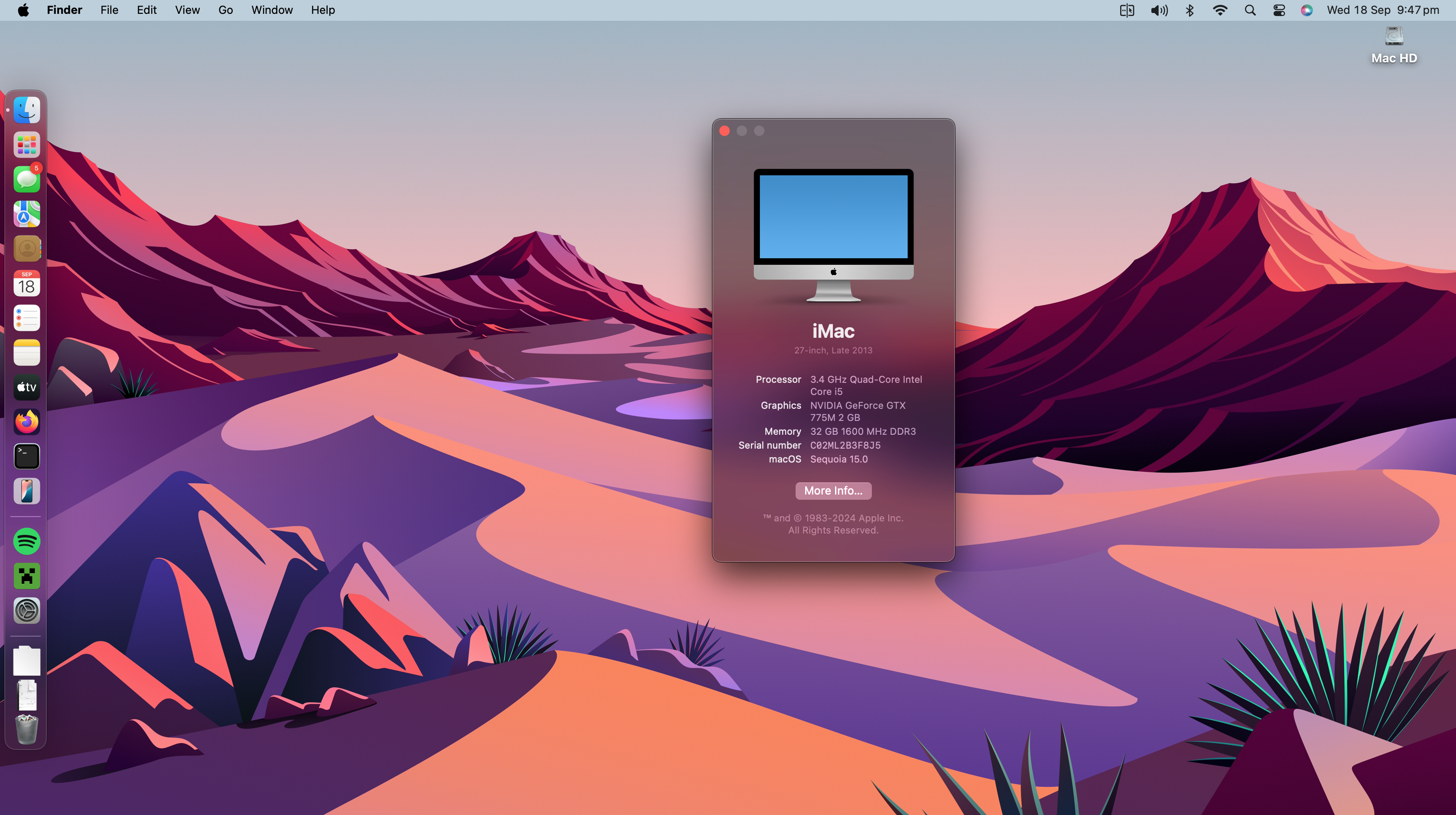 macOS Sequoia install complete, late 2013 27