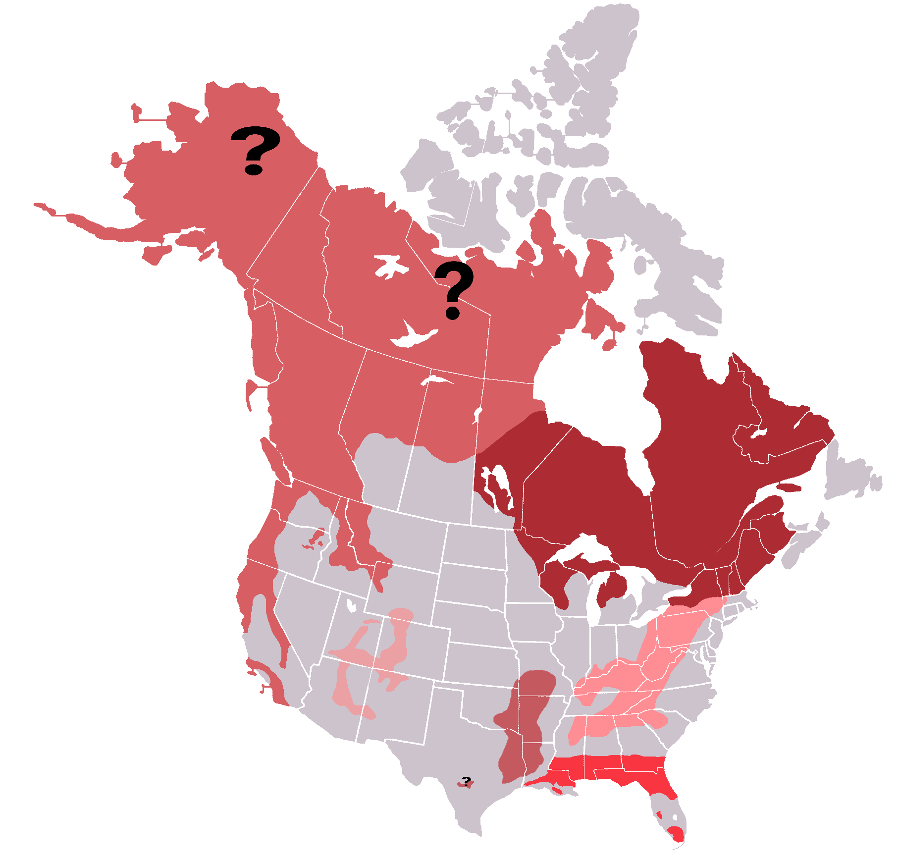 My attempt at making a bigfoot range map (Shades of red for
