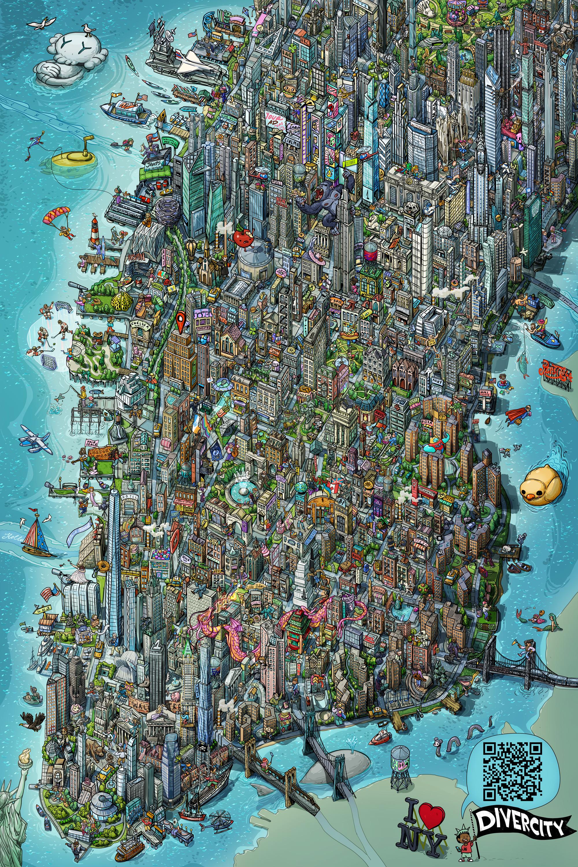 ニューヨーク（マンハッタン）のクレイジーなほど詳細なイラストマップ