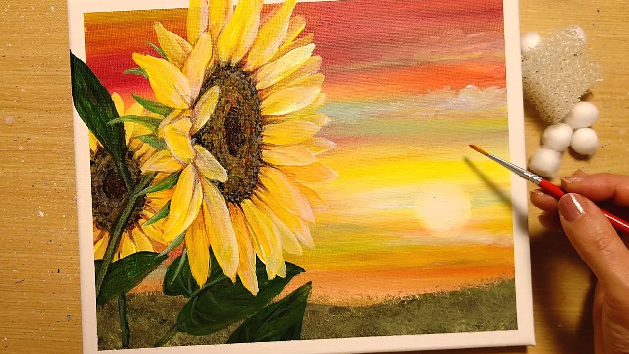 How to draw [Sunflower in the setting sun] with acrylic paint