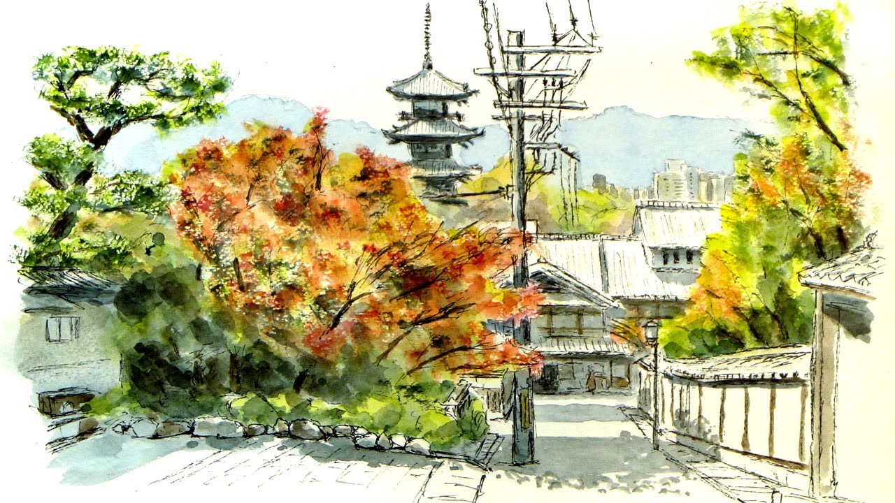 近くの木々はドライブラシが効果的！？ ／ 京都・八坂の塔 【透明水彩